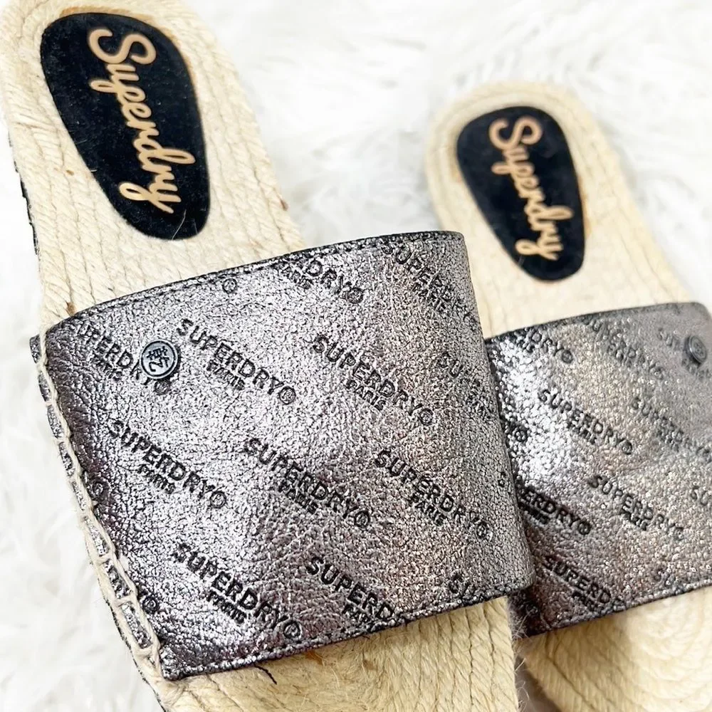 Superdry Maya Metallic Silver Logo Espadrille Slides size 6